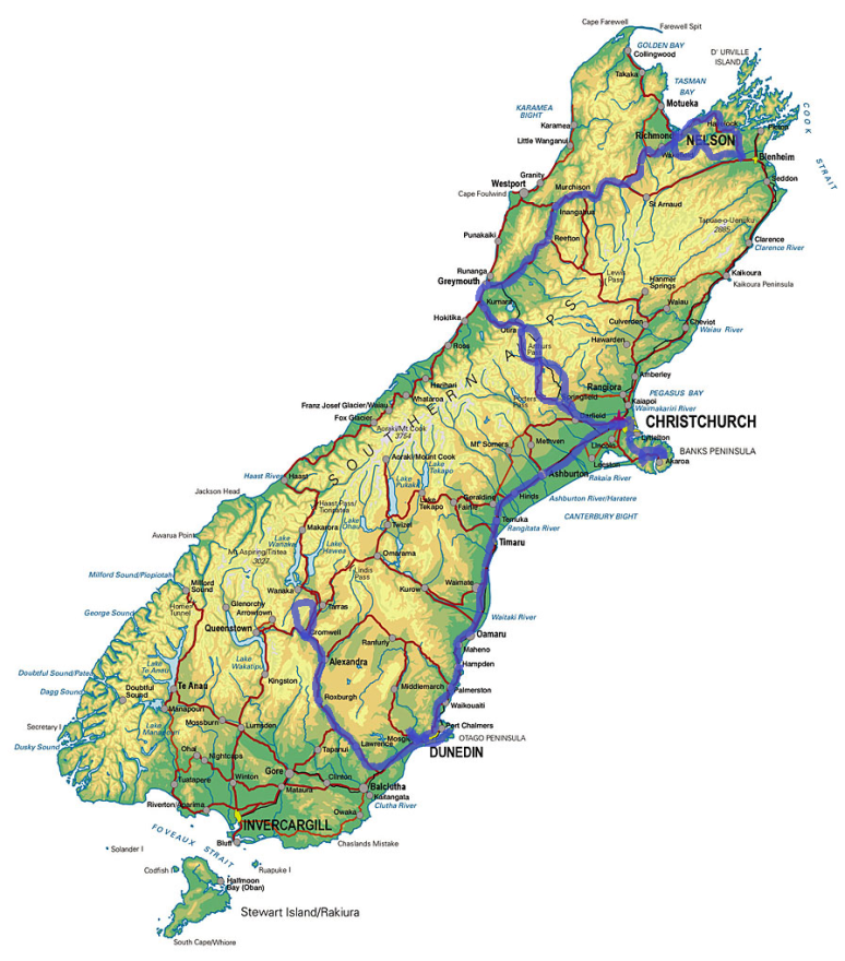 Map of my travels over two weeks - marked by a purpley/bluey line