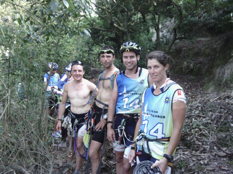 Waiting in line for the abseil, trying to cool off in the shade after a very hot first part of run